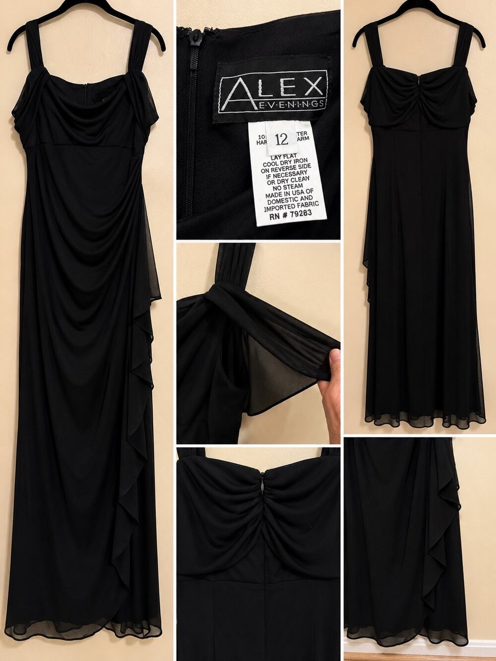 Alex Evenings Women’s Black Draped Chiffon Formal Gown size 12